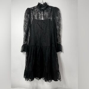 Vintage Black Lace Ruffle High Neck Drop Waist Whimsy Goth Romantic Dress